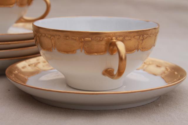 photo of antique Limoges china boullion cups or cream soup bowls w/ encrusted gold, vintage 1913 #7