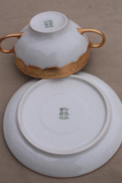 photo of antique Limoges china boullion cups or cream soup bowls w/ encrusted gold, vintage 1913 #10