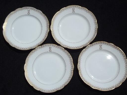 photo of antique Limoges china bread plates and butter pats, white w/ gold S monogram #2