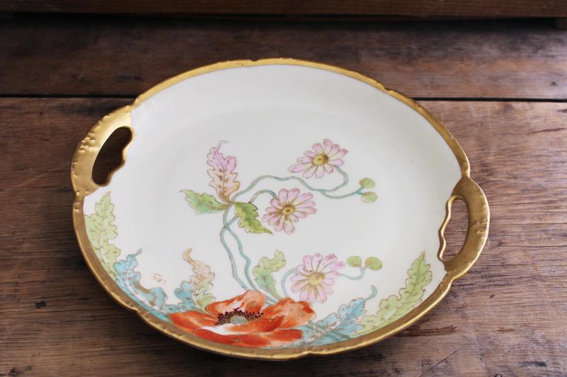 photo of antique Limoges china tray or plate w/ factory hand painted poppies floral artist signed #1