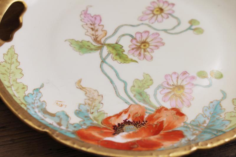 photo of antique Limoges china tray or plate w/ factory hand painted poppies floral artist signed #2