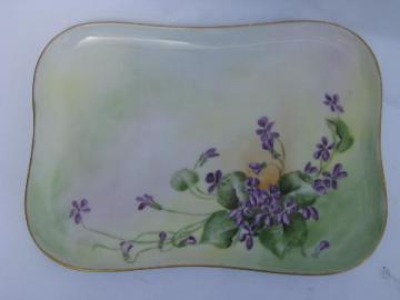 catalog photo of antique Limoges china vanity perfume tray, hand-painted violets, dated 1909