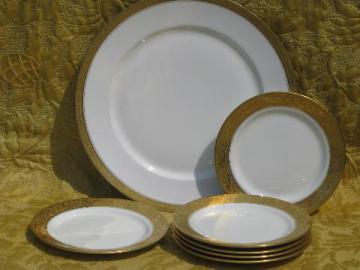 catalog photo of antique Limoges french china dessert set, encrusted gold plates and tray