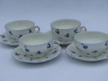 catalog photo of antique Ludwigsburg porcelain cups & saucers, ornate white w/ blue cornflowers