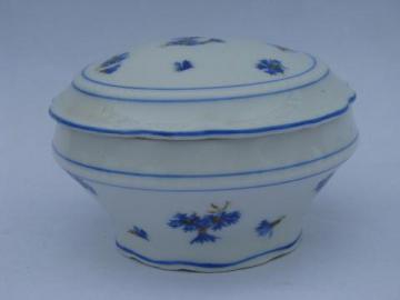 catalog photo of antique Ludwigsburg porcelain powder jar, ornate white w/ blue cornflowers