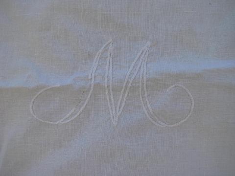 photo of antique M monogram letter embroidered cotton cloth, couched thread vintage embroidery #3