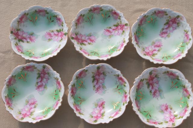 photo of antique MZ Austria porcelain, dessert dishes or berry bowls w/ hand painted pink roses #2