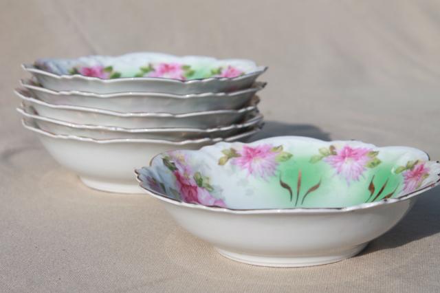 photo of antique MZ Austria porcelain, dessert dishes or berry bowls w/ hand painted pink roses #3