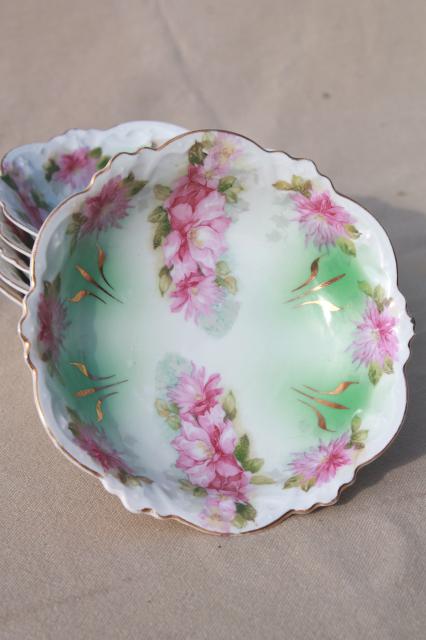 photo of antique MZ Austria porcelain, dessert dishes or berry bowls w/ hand painted pink roses #4