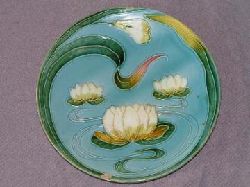 catalog photo of antique Majolica pottery plate, water lilies