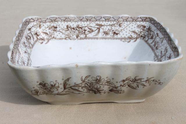 photo of antique Malta brown transferware ironstone china square bowl serving dish, Grindley Staffordshire England #1