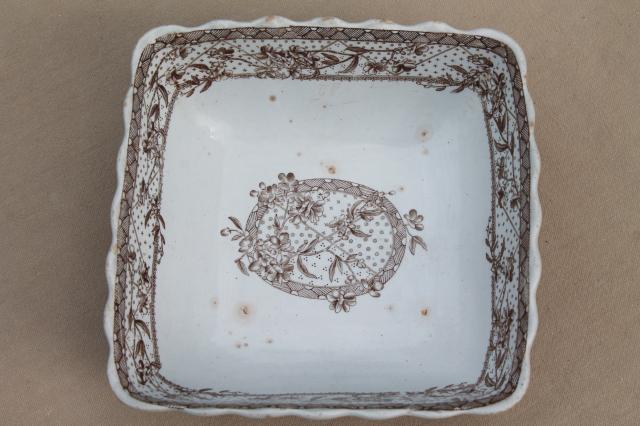 photo of antique Malta brown transferware ironstone china square bowl serving dish, Grindley Staffordshire England #2