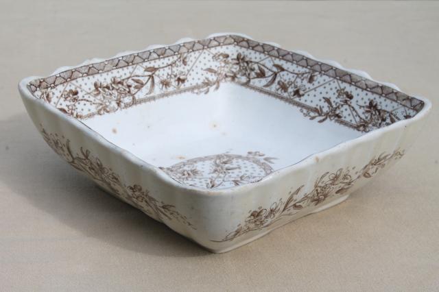 photo of antique Malta brown transferware ironstone china square bowl serving dish, Grindley Staffordshire England #4