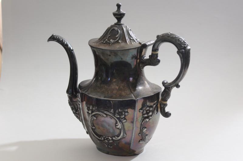 photo of antique Meriden Britannia silver plate tea or coffee pot, UC monogram very ornate #1