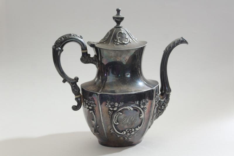 photo of antique Meriden Britannia silver plate tea or coffee pot, UC monogram very ornate #2