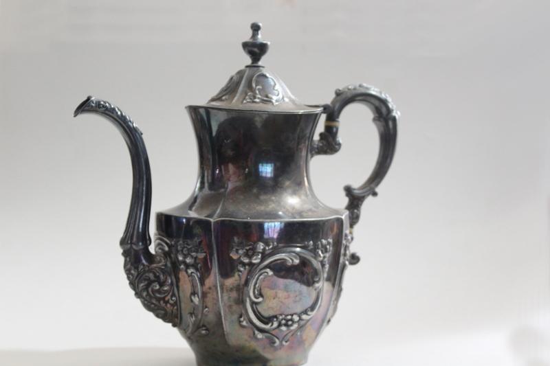 photo of antique Meriden Britannia silver plate tea or coffee pot, UC monogram very ornate #3