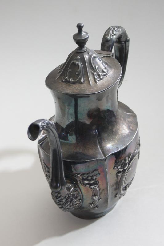 photo of antique Meriden Britannia silver plate tea or coffee pot, UC monogram very ornate #5