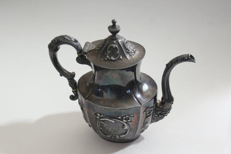 photo of antique Meriden Britannia silver plate tea or coffee pot, UC monogram very ornate #6