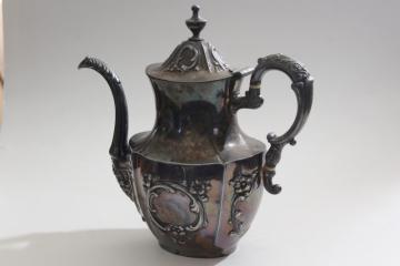 catalog photo of antique Meriden Britannia silver plate tea or coffee pot, UC monogram very ornate