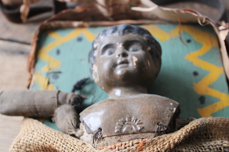 photo of antique Minerva doll, brown Native American Indian baby papoose board hand painted folk art  #4