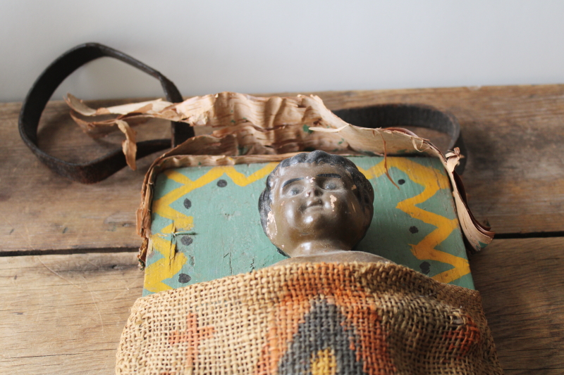 photo of antique Minerva doll, brown Native American Indian baby papoose board hand painted folk art  #6
