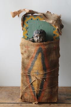 antique Minerva doll, brown Native American Indian baby papoose board hand painted folk art 