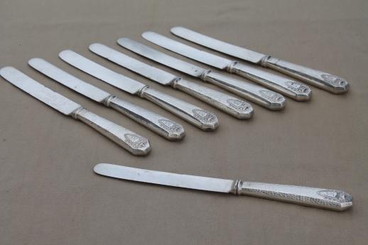 photo of antique N monogram hammered silver knives, early 1900s vintage silver plate flatware #6