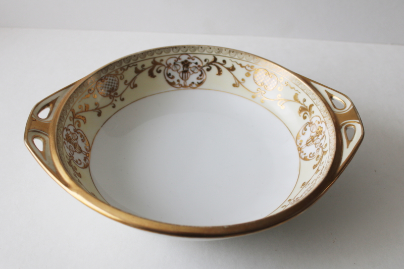 photo of antique Noritake Japan green M mark hand painted china bowl, Nippon moriage gold encrusted  #1