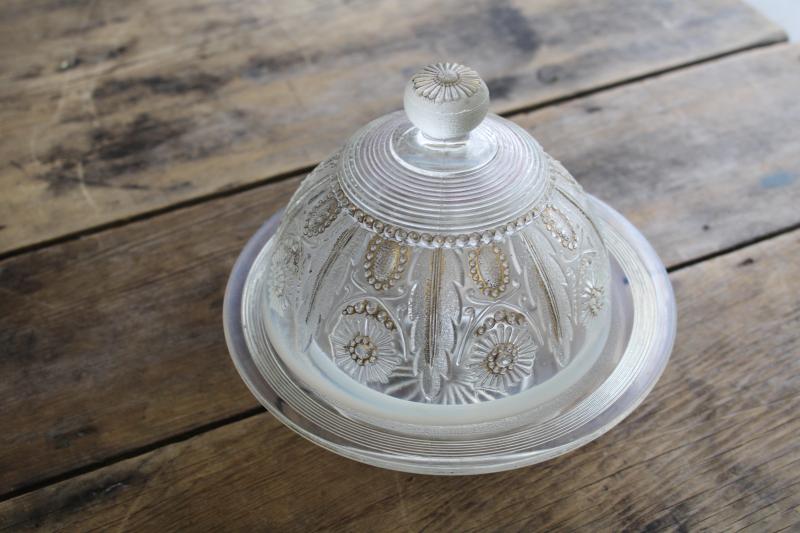 photo of antique Northwood jewel & flower opalescent glass round butter dish w/ dome cover  #1