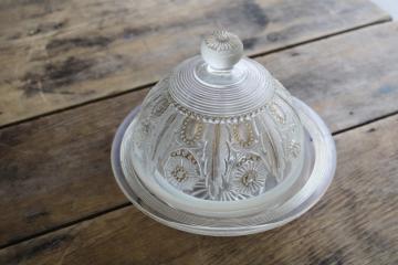 antique Northwood jewel & flower opalescent glass round butter dish w/ dome cover 