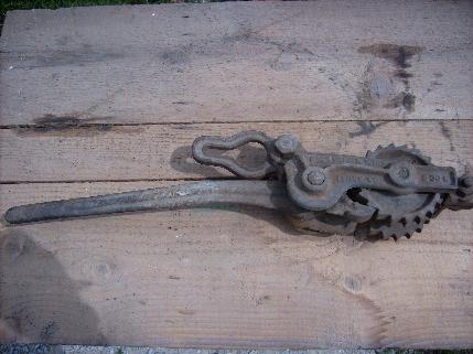 photo of antique Pace woven / barbed wire ratchet fence stretcher, w/ 1895 patent date #1