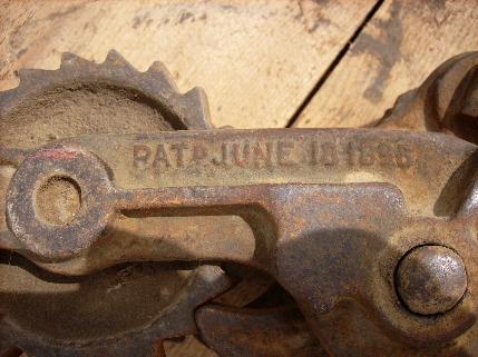 photo of antique Pace woven / barbed wire ratchet fence stretcher, w/ 1895 patent date #5