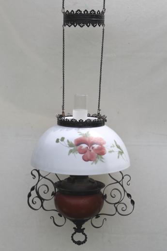 photo of antique Parker oil lamp hanging light, parlor lamp w/ painted pansies glass shade #8