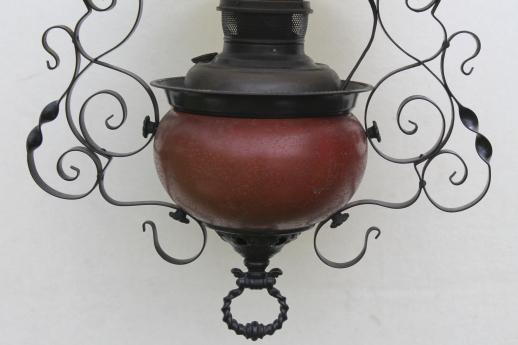 photo of antique Parker oil lamp hanging light, parlor lamp w/ painted pansies glass shade #11