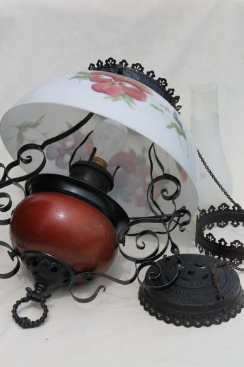 photo of antique Parker oil lamp hanging light, parlor lamp w/ painted pansies glass shade #12