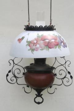 catalog photo of antique Parker oil lamp hanging light, parlor lamp w/ painted pansies glass shade