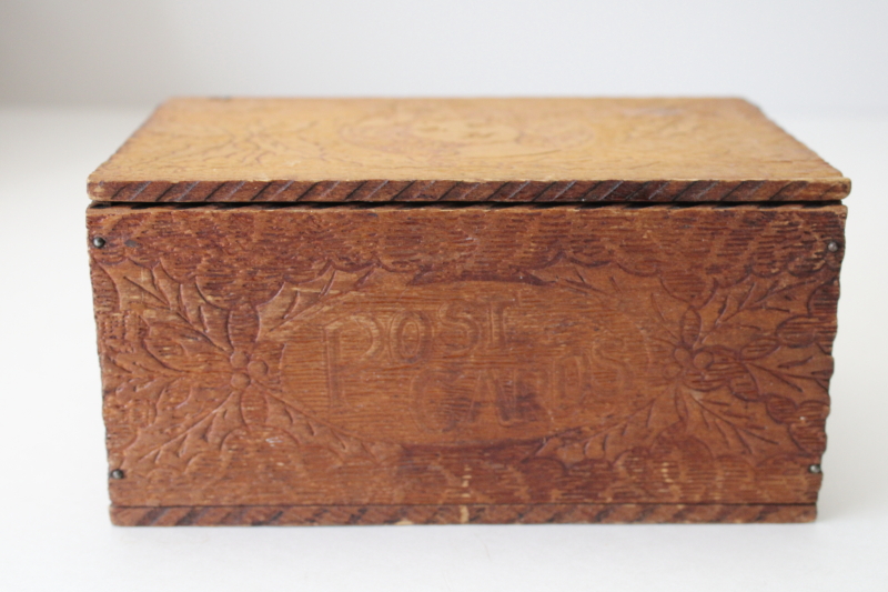 photo of antique Postcards box, hand crafted woodburning Flemish art style early 1900s vintage  #1