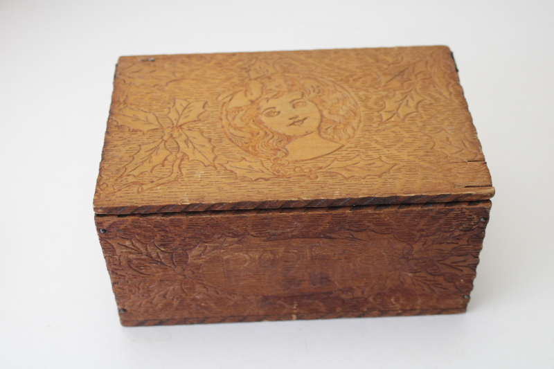 photo of antique Postcards box, hand crafted woodburning Flemish art style early 1900s vintage  #2