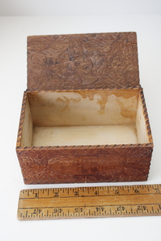 photo of antique Postcards box, hand crafted woodburning Flemish art style early 1900s vintage  #3