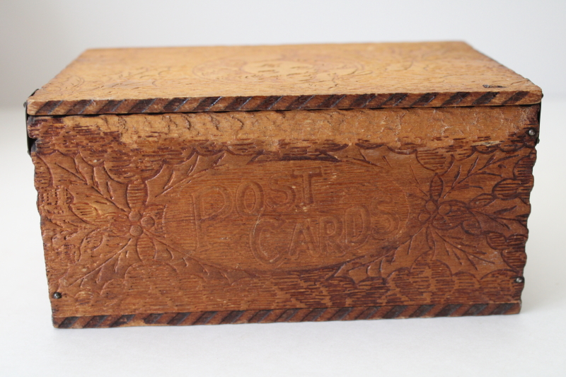 photo of antique Postcards box, hand crafted woodburning Flemish art style early 1900s vintage  #4