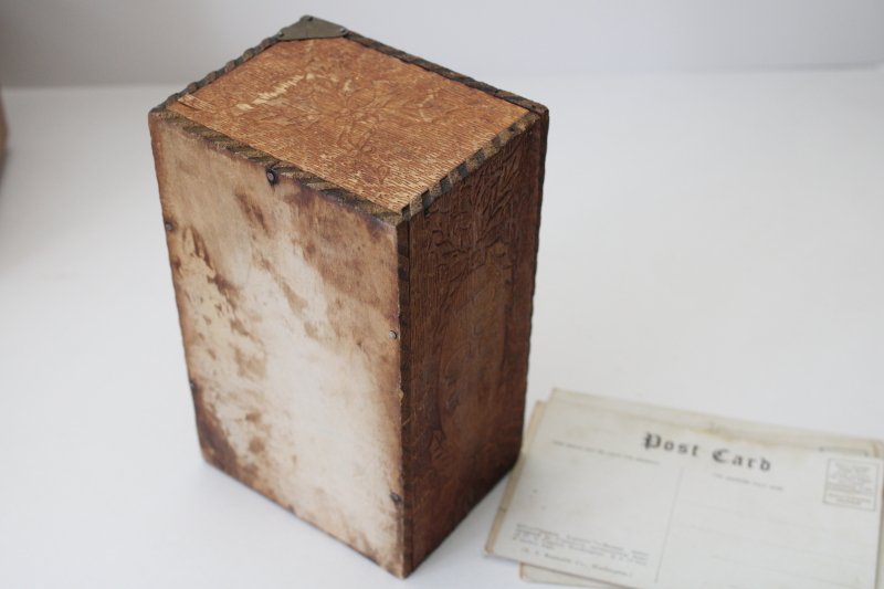photo of antique Postcards box, hand crafted woodburning Flemish art style early 1900s vintage  #6