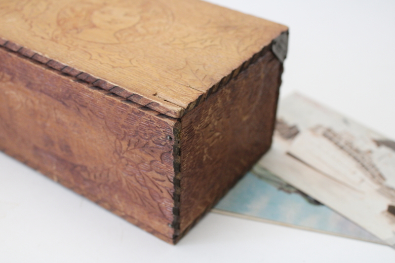 photo of antique Postcards box, hand crafted woodburning Flemish art style early 1900s vintage  #7