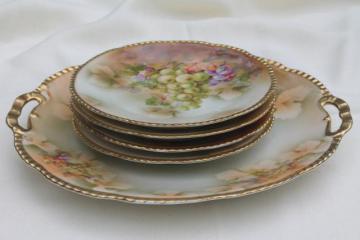 catalog photo of antique Prussia china dessert or cheese set, hand-painted porcelain plates w/ grapes