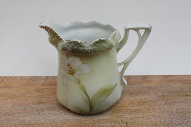 photo of antique RS Germany china cream pitcher w/ white lily flower floral on soft green #1