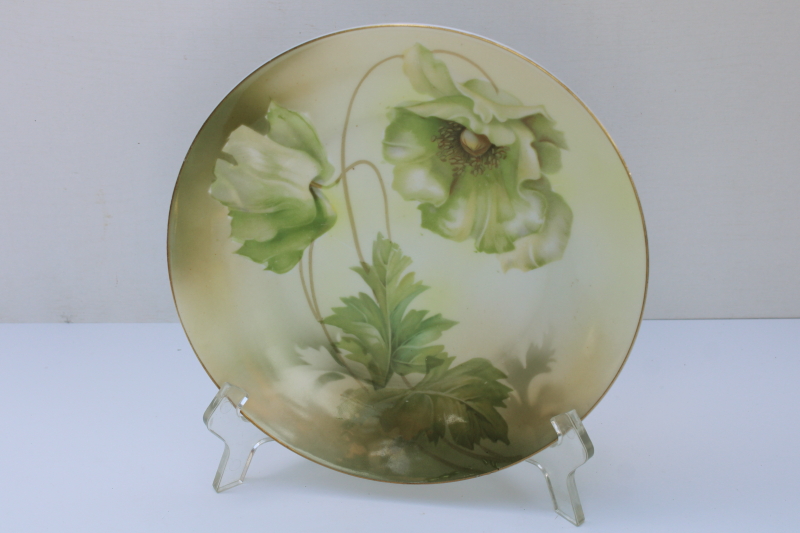 photo of antique RS Germany hand painted china plate, art nouveau floral green poppy  #1