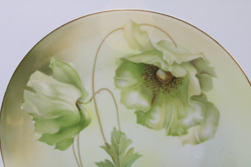 photo of antique RS Germany hand painted china plate, art nouveau floral green poppy  #2