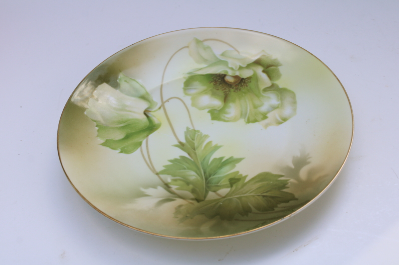 photo of antique RS Germany hand painted china plate, art nouveau floral green poppy  #3