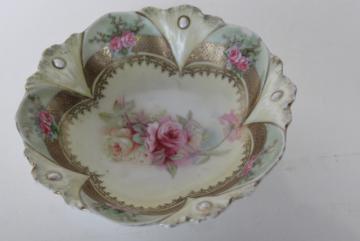 catalog photo of antique RS Prussia hand painted china berry bowl, ribbon & jewel mold, roses and gold