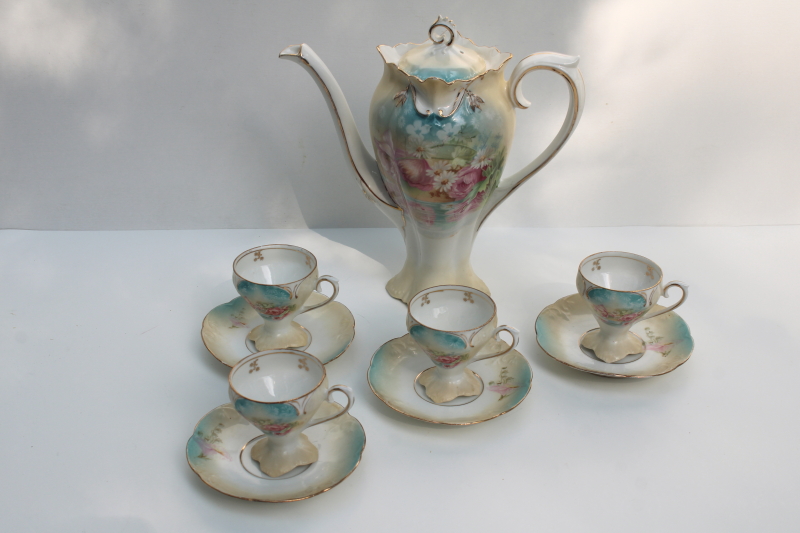 photo of antique RS Prussia hand painted porcelain coffee or chocolate set, tall pot w/ demitasse cups & saucers #1