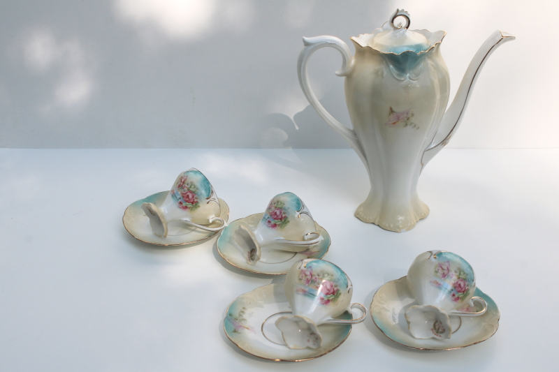 photo of antique RS Prussia hand painted porcelain coffee or chocolate set, tall pot w/ demitasse cups & saucers #4